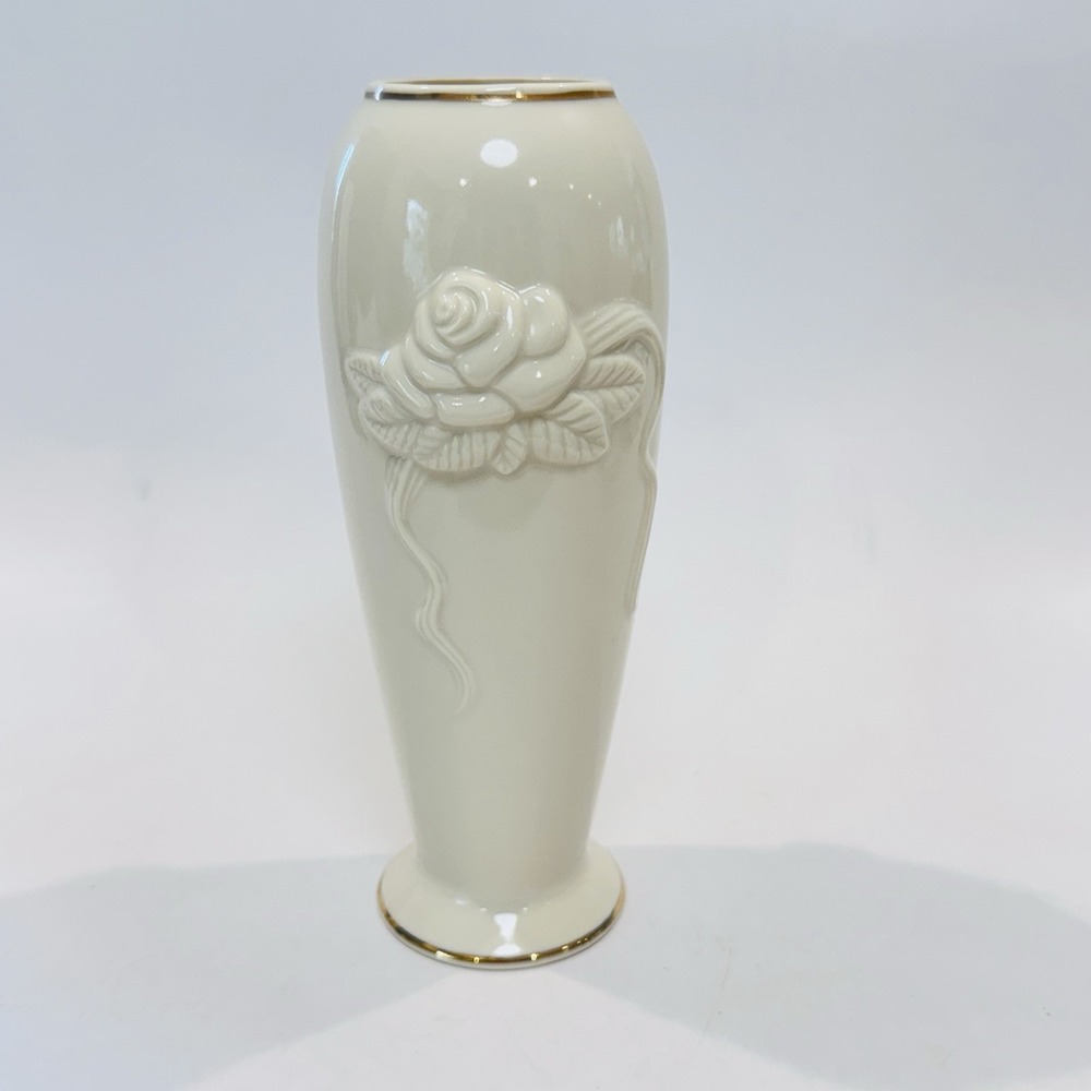 Lenox Ivory Porcelain Flower Bud Vase Gold Trim Rose Relief Thailand